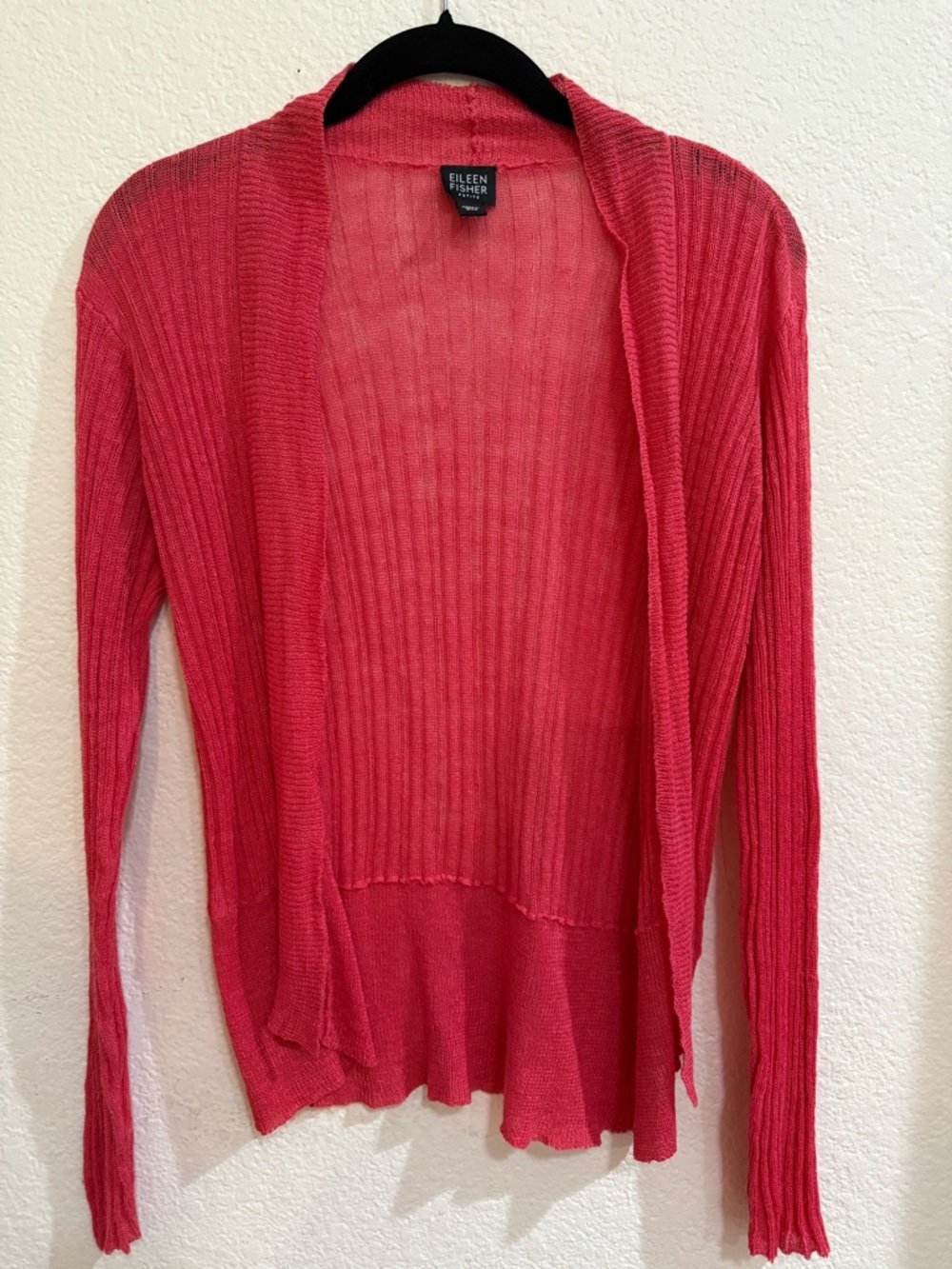 Eileen Fisher Coral Pink Ribbed Open-Front Lightweight Cardigan
